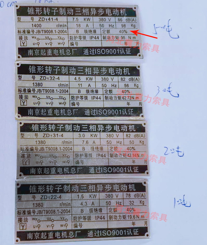 卷扬机电机参数标牌
